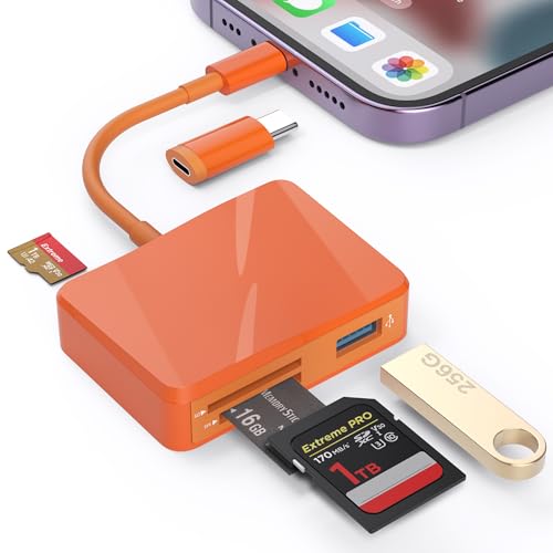 SD Card Reader for iPhone, Memory Card Reader with USB-C to Lightning Adapter Plug and Play Trail Game Camera Micro SD Card Viewer Support SD/TF/MS Card and USB Port for iPad Mac No App(Orange) - color: Orange