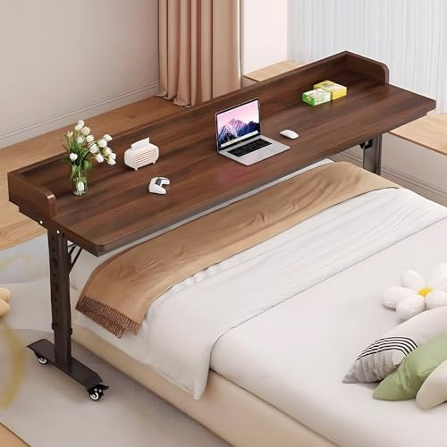82.6" Overbed Table with Wheels for Queen Beds, Height Adjustable | 26.7"-40.6" Height Range, 23.6" Wide Desktop, Raised Edge, Solid Wood Core, Locking Casters, Dual Monitors, Crafts, Dining - color: With Baffle-h, size: 210x60x68cm/82.6"x23.6"x26.8"