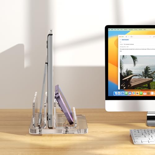 Acrylic Vertical Laptop Stand, 3-in-1 Design with Adjustable Slot Width, Suitable for Desktop Space Saving, Supports MacBook, iPad, iPhone, Chromebook, Surface, Samsung, etc