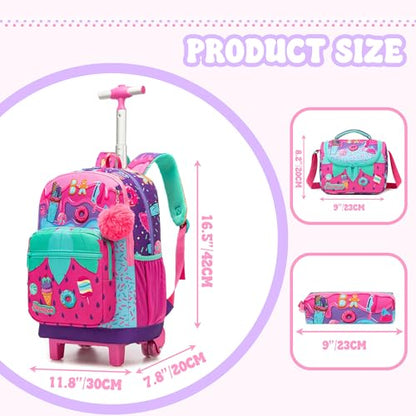 Girls Rolling Backpack with Lunch Box School Backpacks with Wheels 16.5" Roller Backpack for Girls, 3pcs Kids Wheeled Bookbag for Elementary School - color: Pink Strawberry