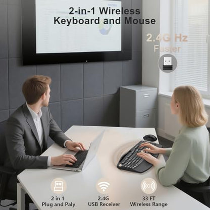 Wireless Keyboard and Mouse Combo, 2.4G Full Size Wave Keys Ergonomic Keyboard with Wrist Rest, Phone Holder, 3-Level DPI Wireless Silent Mouse with 6-Buttons, for Windows (Latte Black) - color: Latte Black