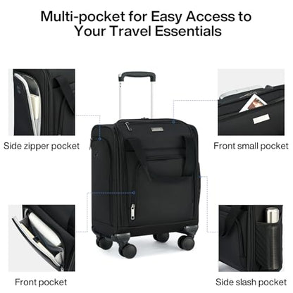 MILADA Underseat Carry On Luggage with Wheels, Airline Approved 16-inch Spinner Small Suitcase, Softside Travel Luggage, Personal Item Overnight Bag, Business Mini Suitcase for Women and Men, Black - color: Black