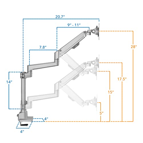 Mount-It! Single Monitor Desk Mount – Pole Mounted Gas Spring Arm, Full Motion Height Adjustable Monitor Stand with C-Clamp or Grommet Base, Fits 19–32 Inch Screens, Silver
