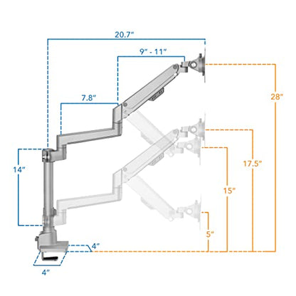 Mount-It! Single Monitor Desk Mount – Pole Mounted Gas Spring Arm, Full Motion Height Adjustable Monitor Stand with C-Clamp or Grommet Base, Fits 19–32 Inch Screens, Silver