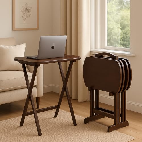 Ergode Corbett Brown Folding TV Tray Table Set with Storage Stand - Stylish Antique Walnut Design, Easy Maintenance, Ideal for Dining, Serving, and Work - Compact & Portable Rectangular Shape