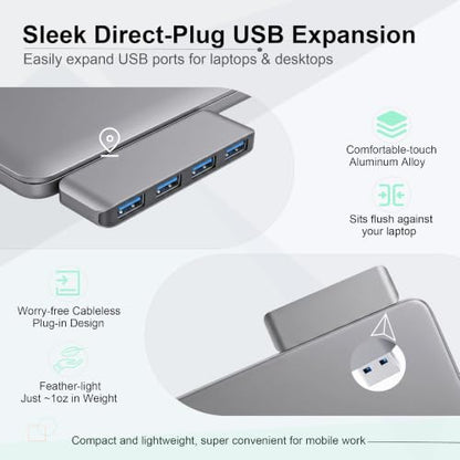Portable 4-Port USB 3.0 Hub with Direct Plug-in USB Male Connector Design | Space-Saving USB Hub Compatible with Laptops and Desktops, Works with Windows, macOS, Linux and Chrome OS