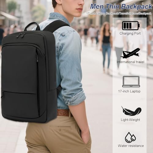 AUGUR Slim Laptop Backpack With 15.6 Inch Sleeve Professional Notebooks Bag Case Laptop Backpack Men Fit Travel/Business/Work - color: 17 Inch Black