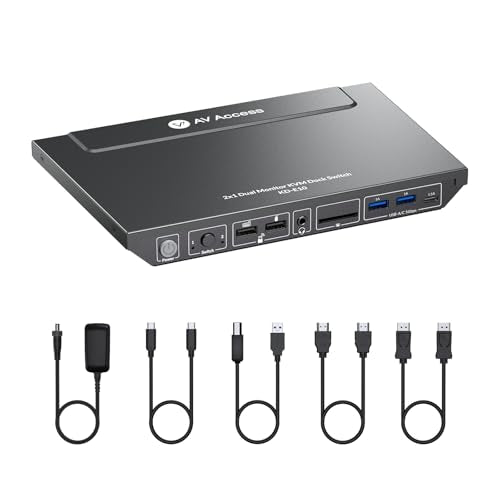 AV Access KVM Switch Docking Station for 2 Monitors 2 Computers, 4K KVM Switch Dual Monitor for Laptop & Desktop, EDID, 1G Ethernet, 100W USB-C Charging, 3X USB 3.0, Ideal for Home Office & Gaming - size: 14in