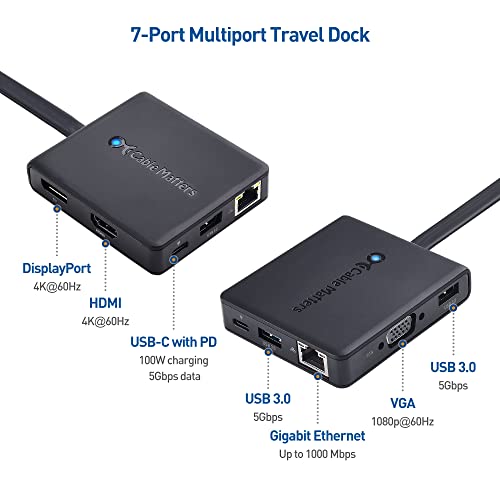 Cable Matters 7-in-1 USB C Hub, Triple Display HDMI DP VGA, 100W Charging | Gigabit Ethernet, 2x USB 3.0, Thunderbolt 4/USB4 Compatible, for MacBook Pro, Dell XPS, Surface Pro