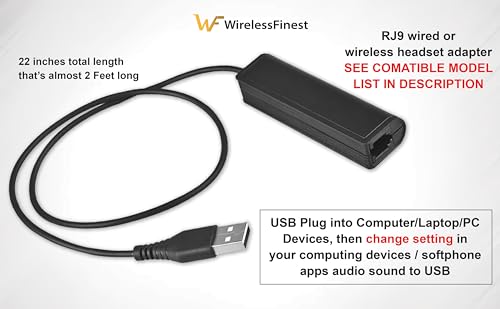 RJ9 Plug to USB Headset Adapter Compatible with Plantronics Jabra Sennheiser Wireless DECT Headsets for Use with Computers PC Laptop Mac Tablet Window Softphones Devices