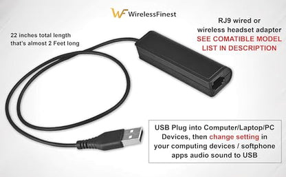 RJ9 Plug to USB Headset Adapter Compatible with Plantronics Jabra Sennheiser Wireless DECT Headsets for Use with Computers PC Laptop Mac Tablet Window Softphones Devices