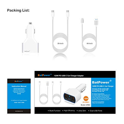 BatPower CPD2 High Power Delivery 120W USB-C Laptop Car Charger Compatible with New MacBook Pro Air USB C Laptop HP Dell Razer Surface Vehicle Charger DC 12v-24v auto Power Supply with Dual USB QC - color: White
