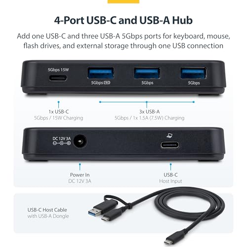 StarTech 4-Port USB-C & USB-A Hub, 5Gbps, 36W, NA (311NA-USB-HUB) | 1x USB-C, 3x USB-A with 1x BC 1.2, Self-powered 36W adapter, 15W USB-C PD plus 7.5W BC 1.2 charging, MacBook Windows