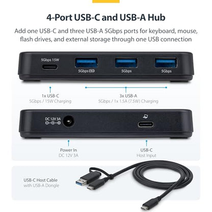StarTech 4-Port USB-C & USB-A Hub, 5Gbps, 36W, NA (311NA-USB-HUB) | 1x USB-C, 3x USB-A with 1x BC 1.2, Self-powered 36W adapter, 15W USB-C PD plus 7.5W BC 1.2 charging, MacBook Windows