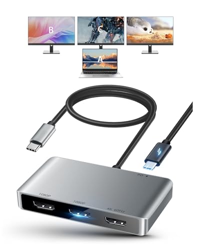 avedio links USB C to HDMI Multi Monitor Adapter, HDMI Splitter 1 in 3 Out Extended Display for Triple Monitor with 100W PD Port, Out 1 4K@60Hz, Out 2 and 3 1080p, Display for Windows Mac OS