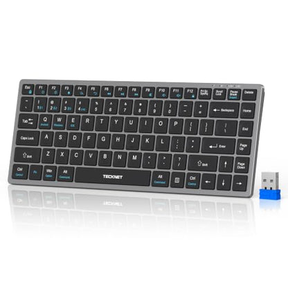 TECKNET Bluetooth Keyboard Rechargeable, 4-Device (2.4G+3BT) Wireless Keyboard, Ultra-Slim Quiet Typing, 14 Hotkeys Computer Keyboard for PC/Laptop/Tablet/iPad, Grayish-Black - color: Grey+Sliver