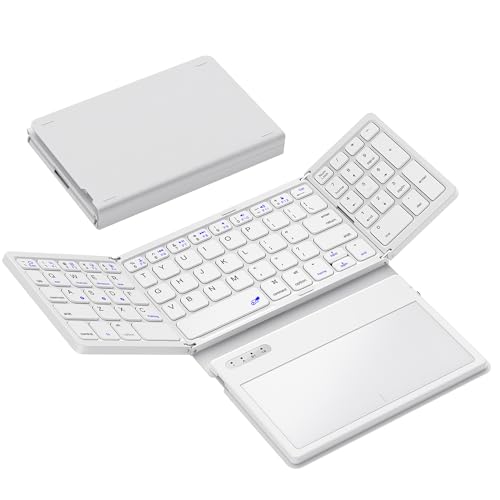 GEODMAER Foldable Bluetooth Keyboard, Portable Full Size Folding Keyboard with Large Touchpad, Numeric Keypad, PU Leather, Wireless TravelKeyboard for Windows Android Mac(White) - color: White