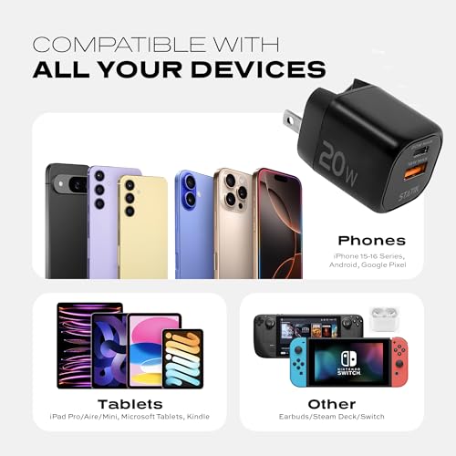 STATIK Fast-Charging GaN Power Adapter - 20W Dual USB C & USB - Foldable Compact Charger for iPhone, iPad, Samsung, Pixel - Smart Overheat Protection - Cable Not Included - size: 20W