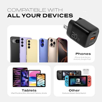 STATIK Fast-Charging GaN Power Adapter - 20W Dual USB C & USB - Foldable Compact Charger for iPhone, iPad, Samsung, Pixel - Smart Overheat Protection - Cable Not Included - size: 20W