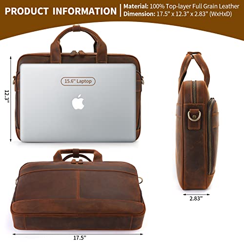 Jack&Chris Full Grain Leather Briefcase for Men, Business Messenger Bag Laptop Bag Attache Case, Fits 15.6 Inch Laptop - color: Red Brow-15.6inch