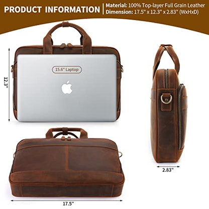 Jack&Chris Full Grain Leather Briefcase for Men, Business Messenger Bag Laptop Bag Attache Case, Fits 15.6 Inch Laptop - color: Red Brow-15.6inch