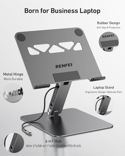 BENFEI Laptop Stand with USB C 6in1 Docking Station, HDMI 4K@60Hz,Gigabit Ethernet, 100W Power Delivery, 10Gbps 1*USB C 3.2 and 2*USB A 3.2 Compatible with MacBook Pro/Air, iPad Pro, XPS, Thinkpad - size: 6-in-1 stand