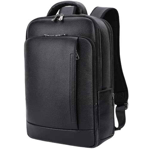 TIDING Men's Expandable Leather 17.3 Inch Laptop Business Backpack | TSA Friendly Weekend 26L Travel Daypack Water-Resistant Overnight Camping Rucksack - color: Black, size: Large(17" laptop)