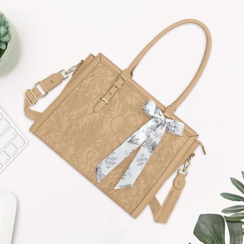 MOSISO Laptop Bag for Women, 15.6-16 inch PU Leather Tote Bag | Compatible with MacBook, HP,Dell,Asus, Front Embossed Retro Hibiscus Computer Bags with Silk Scarf&Clutch Purse, Apricot - color: Apricot, size: 16 inch