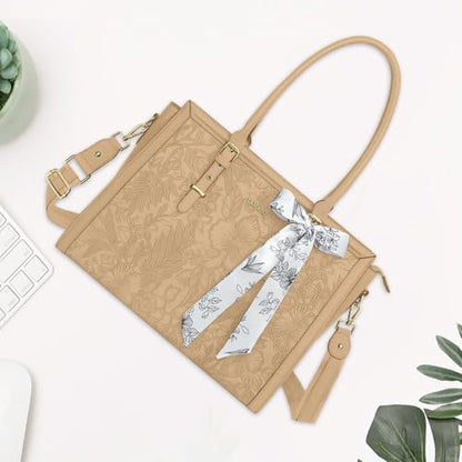 MOSISO Laptop Bag for Women, 17-17.3 inch PU Leather Tote Bag | Compatible with MacBook, HP,Dell, Front Embossed Retro Hibiscus Computer Bags with Silk Scarf&Clutch Purse, Apricot - color: Apricot, size: 17.3 inch