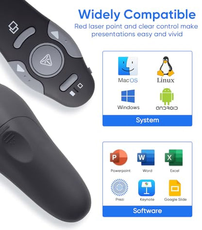 Presenter Clicker for PowerPoint Presentations, USB Wireless PPT Remote Clicker with Laser Pointer for Mac/Windows/Linux, Google Slide/PPT/Keynote, Page Flip, Full/Black Screen, Plug and Play