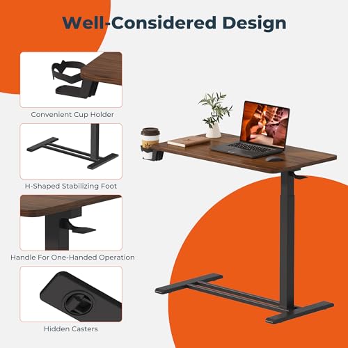28'' Medical Overbed Bedside Table with Wheels,Rolling Table | 28''x16'' Mahogany Pneumatic Tilting Desktop,Overbed Bedside Table with Hidden Casters for Hospital Use - color: Mahogany, size: Small