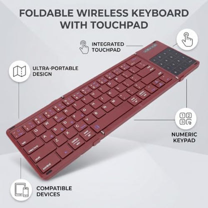 Bewinner 3 Fold Foldable Bluetooth Keyboard, Rechargeable Wireless Keyboard with Touchpad and Number Pad for Travel Work Tablet Laptop Users (Wine Red) - color: Wine Red