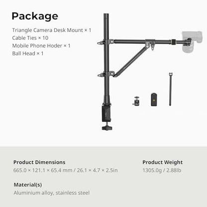 SMALLRIG Triangle Camera Desk Mount, Max. Load 3kg/ 6.6lbs, Overhead Mount with Auxiliary Support Rod, with Phone Holder and Small Ball Head for Camera/Phone/Light/Webcam - style: Clamp 4304