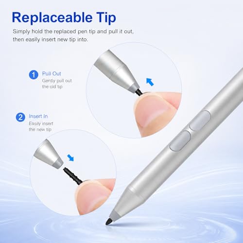 Pen for Surface Pro 11/10/9/8/X, Surface Laptop/Book/Go/Studio, Kobo | Palm Rejection, 1024 Pressure, 2500H Battery Life Active Stylus Pencil for Student Note-Taking & Artist Business Drawing - color: Silver