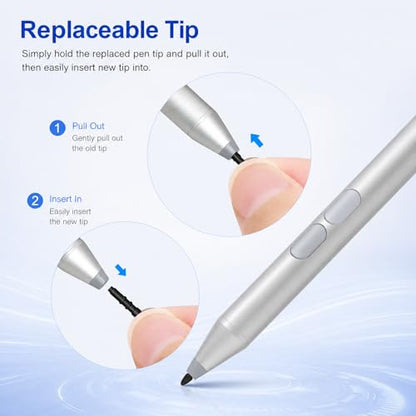 Pen for Surface Pro 11/10/9/8/X, Surface Laptop/Book/Go/Studio, Kobo | Palm Rejection, 1024 Pressure, 2500H Battery Life Active Stylus Pencil for Student Note-Taking & Artist Business Drawing - color: Silver