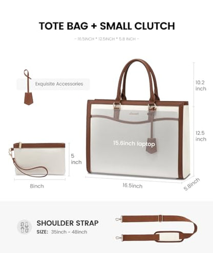 LOVEVOOK Laptop Tote Bag for Women, 15.6 inch Lightweight Canvas Office Work Bag Briefcase, Large Capacity Teacher Computer Bag Handbag for Travel Business,2pcs Set Canvas/Beige-Brown | PU Leather Business Briefcase Teacher Travel College Bag Handbag fit