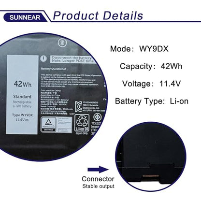 42Wh WY9DX M3KCN Laptop Battery for Dell Latitude 5420 5520 Precision 3560 | 3-Cell 11.4V 3500mAh; P/N: RJ40G WK3F1 1K2CF 75X16 - size: 10.47*4.8*0.94 inches WY9DX