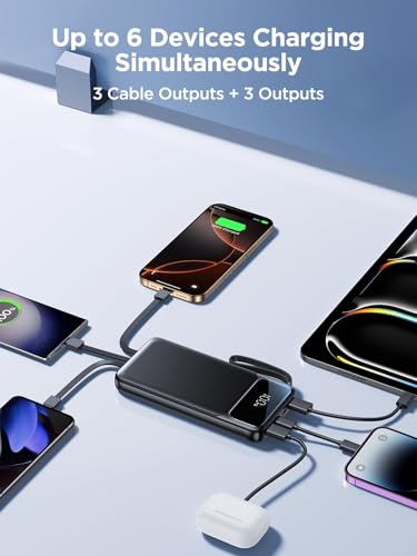 Power Bank, Portable Charger with Built in Cable 22.5W Fast Charging Battery Pack 10000mAh Slim 6 Outputs 3 Inputs LED Display Phone Charger for iPhone Samsung Pixel Moto iPad Travel Essential Gift - color: Black