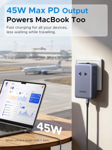 UGREEN 45W 6-Port Universal Travel Plug Adapter Worldwide | 2 USB-C, 2 USB-A, 2 AC, GaN International Power Adapter for 200+ Countries, Fasting Charging, Travel Essentials, Black