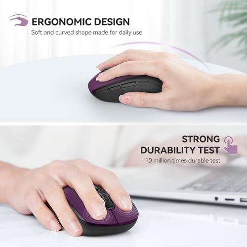 TECKNET 2-in-1 Bluetooth Mouse (BT 5.0/3.0+2.4Ghz), 6-Level 4000 DPI-Purple | BT 5.0/3.0 & 2.4G wireless mouse with 4000 DPI, silent clicks, ergonomic design, and USB receiver for laptop and PC. - color: Purple