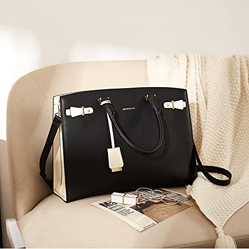 BOSTANTEN Genuine Leather Briefcase for Women 15.6'' Laptop Work Tote Bag | Laptop Compartment, Spacious Interior, Structured, Professional Style, Detachable Shoulder Strap, Office, Business, Commute - color: B-black