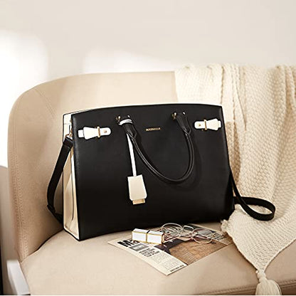 BOSTANTEN Genuine Leather Briefcase for Women 15.6'' Laptop Work Tote Bag | Laptop Compartment, Spacious Interior, Structured, Professional Style, Detachable Shoulder Strap, Office, Business, Commute - color: B-black