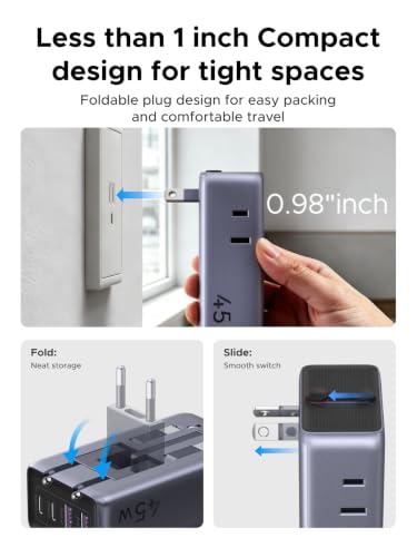 UGREEN 45W 6-Port Universal Travel Plug Adapter Worldwide | 2 USB-C, 2 USB-A, 2 AC, GaN International Power Adapter for 200+ Countries, Fasting Charging, Travel Essentials, Black