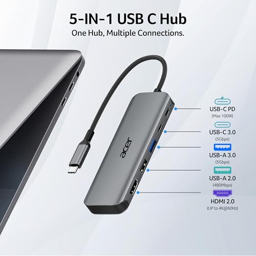 Acer USB C Hub, 5-in-1 USBC to HDMI Adapter with 4K@60Hz for Laptop/Mac | USBC Splitter Docking Station with HDMI 2.0, 100W PD, USB-C, USB-A 3.0 & USB-A 2.0 Data Ports for iPad Pro, iPhone 17 Pro Max