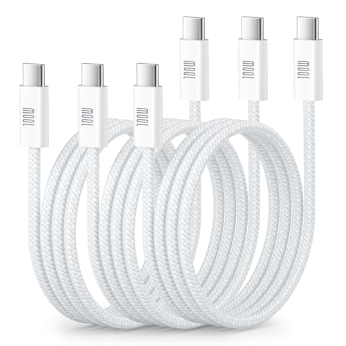 100W USB C to USB C Cable, Fast Charging Cord for MacBook Pro/Air Charger 20V 5A Woven Type C Phone Charger Data Transfer for iPhone 17 16 Pro Max 16e 15 iPad Pro Air5 Mini Laptop, 3ft 3-Pack - color: White, size: 3ft
