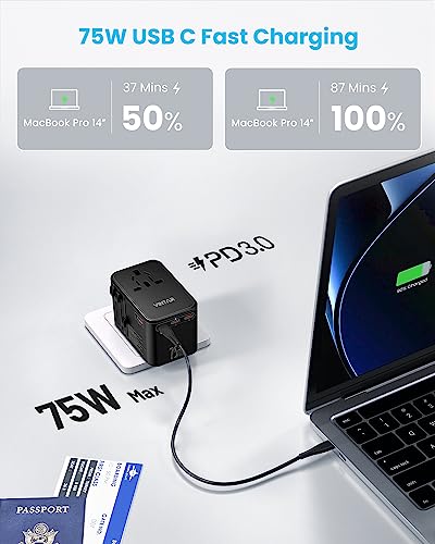 Universal Travel Adapter, VINTAR 75W GaN International Power Adapter with 3 USB C PD and 2 USB A QC, All in One Travel Essentials for UK/EU/USA/AUS, Travel Adapter Worldwide for Laptops Tablets Phones - color: 75W Black