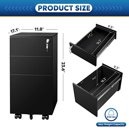 DEVAISE Slim File Cabinet, 3 Drawer Mobile Filing Cabinet for Letter/Legal/A4 Files, Fully Assembled Except Wheels, Black - color: Black, size: 17"D x 12"W x 24"H