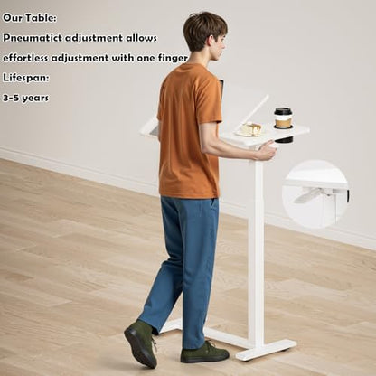 BIZUM Overbed Rolling Table with Adjustable Tilt Top Mobile Bedside Desk with Hidden Wheels Pneumatic Height Adjustable Laptop & Meal Table for Home and Hospital Use(27.6x15.8, White) - color: White