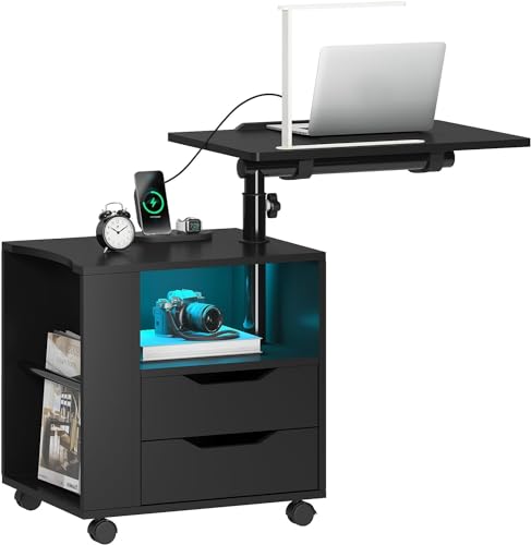 sogesfurniture LED Nightstand with USB & Type-C Ports – Swivel Top Bedside Table with Adjustable Height, 2 Drawers & Open Shelf, Built-in Lights & Wheels for Easy Mobility, Black - color: Black-upgrade