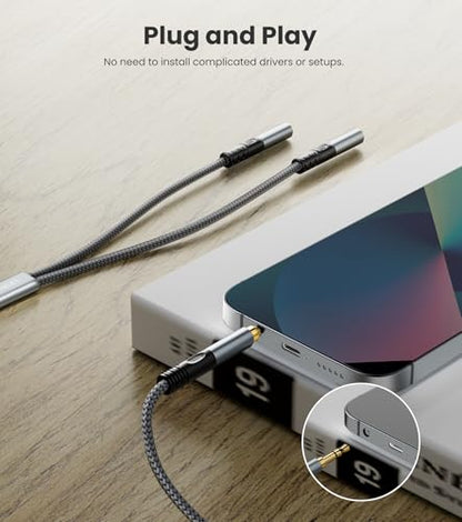 Headphone Splitter 1ft(0.3m), Audio Splitter 3.5mm 1 Male to 2 Female Adapter, Nylon-Braided 3.5mm Dual Headphone Jack Extension Cable for Headset, Smartphone, Tablet, Laptop - size: 0.3 meter